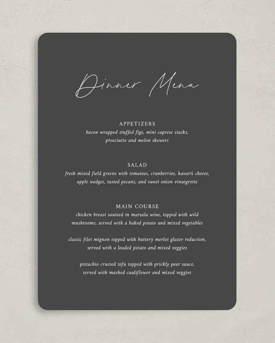 This is a 5" x 7" Wedding Menu Card called The Madelyn printed in full color on Premium Smooth paper