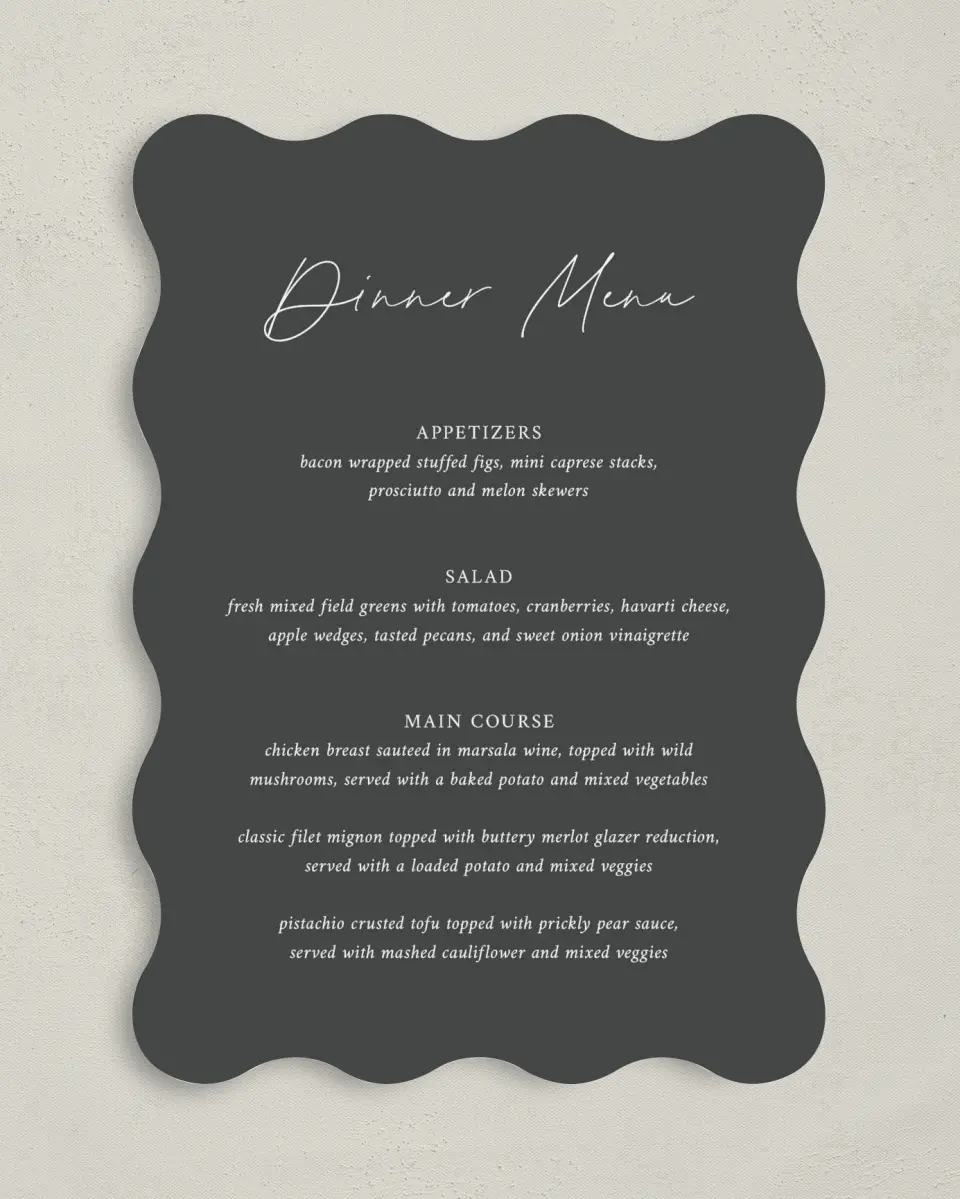 This is a 5" x 7" Wedding Menu Card called The Madelyn printed in full color on Premium Smooth paper