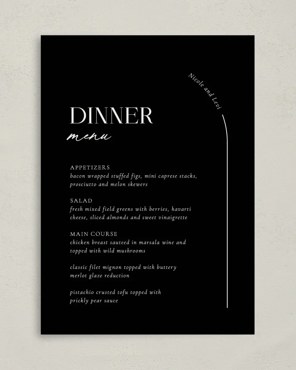 This is a 5" x 7" Wedding Menu Card called The Nicole printed in full color on Premium Smooth paper