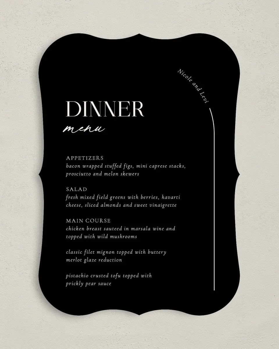 This is a 5" x 7" Wedding Menu Card called The Nicole printed in full color with Silver foil on Luxe Satin (coated) paper
