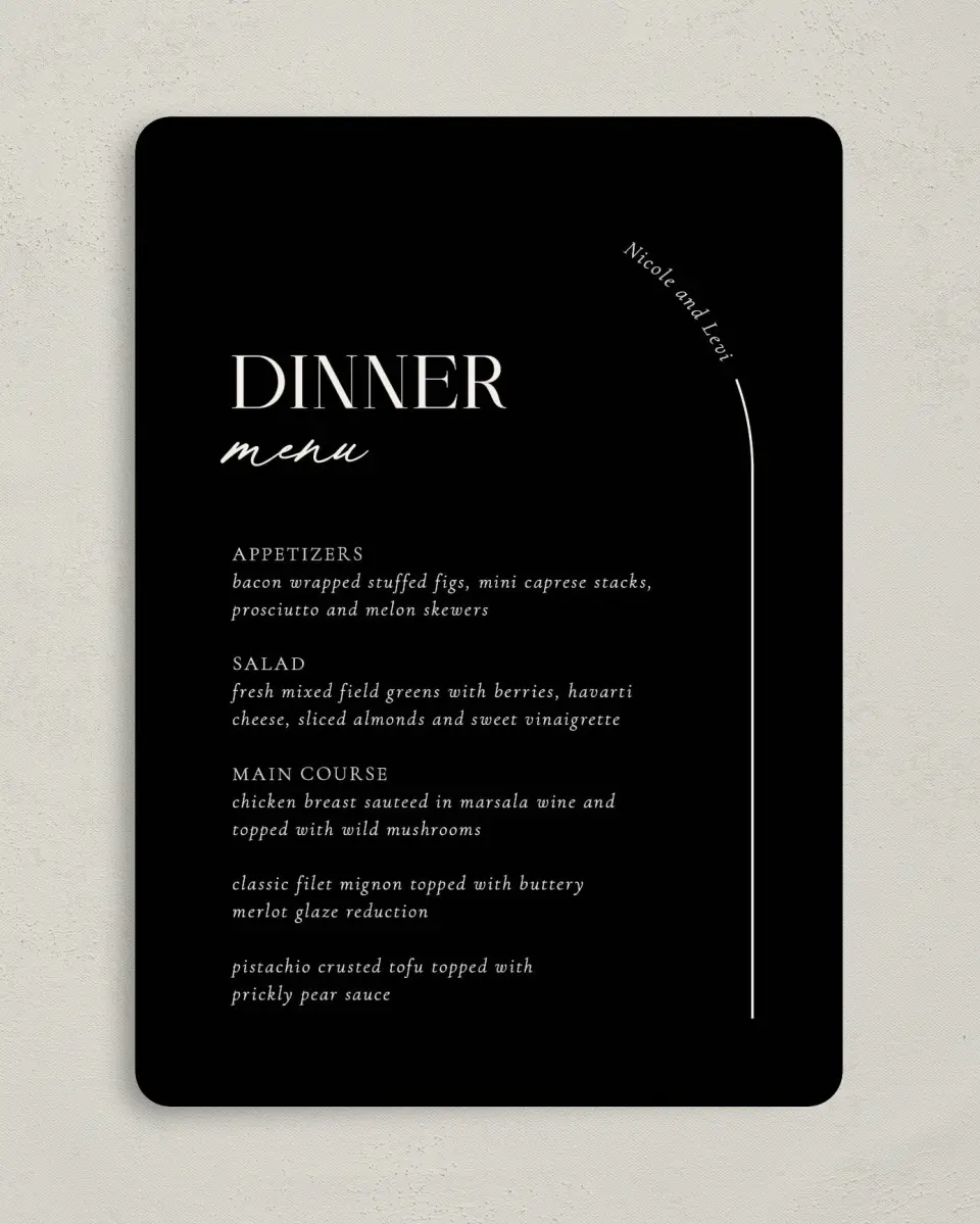 This is a 5" x 7" Wedding Menu Card called The Nicole printed in full color on Premium Smooth paper