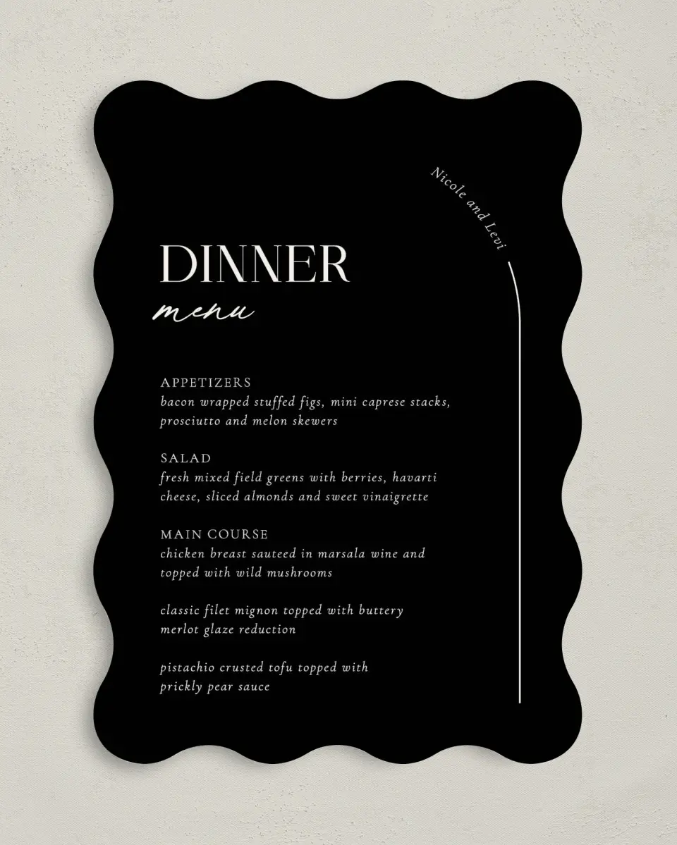 This is a 5" x 7" Wedding Menu Card called The Nicole printed in full color on Premium Smooth paper