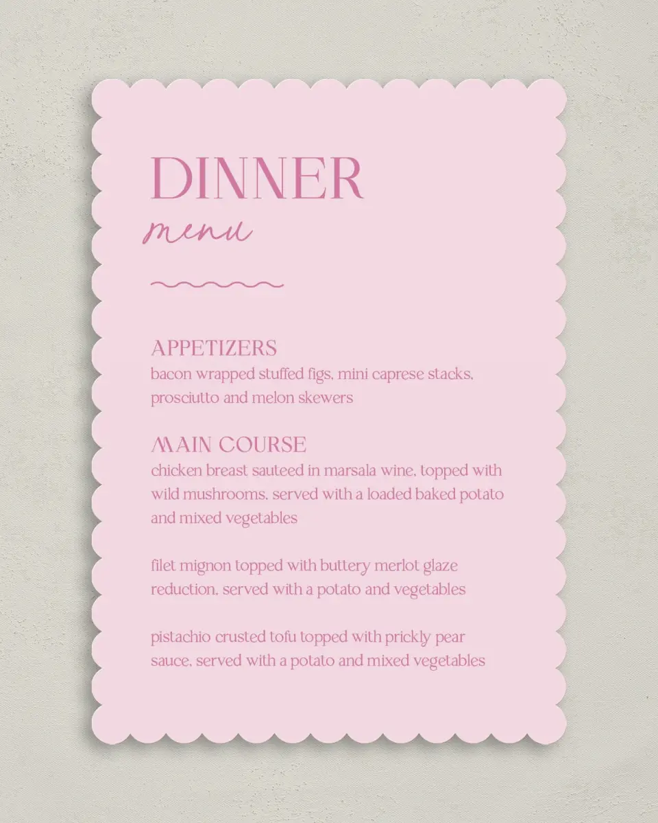 This is a 5" x 7" Wedding Menu Card called The Taylor printed in full color on Premium Smooth paper