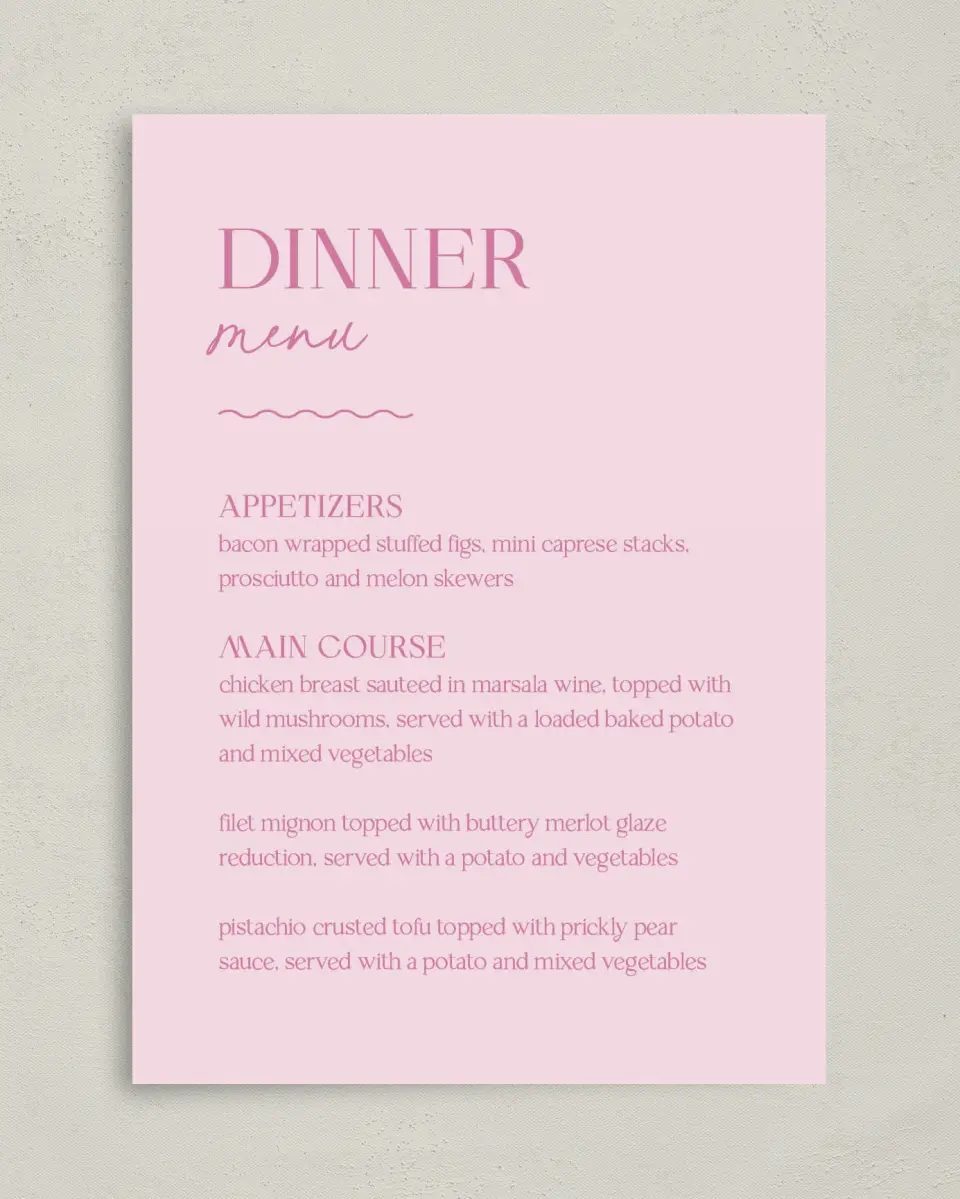 This is a 5" x 7" Wedding Menu Card called The Taylor printed in full color on Premium Smooth paper
