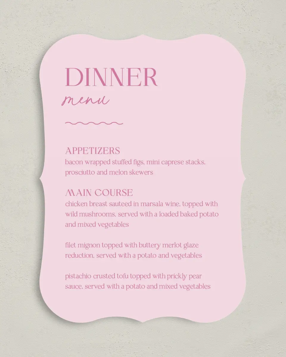 This is a 5" x 7" Wedding Menu Card called The Taylor printed in full color with Silver foil on Luxe Satin (coated) paper