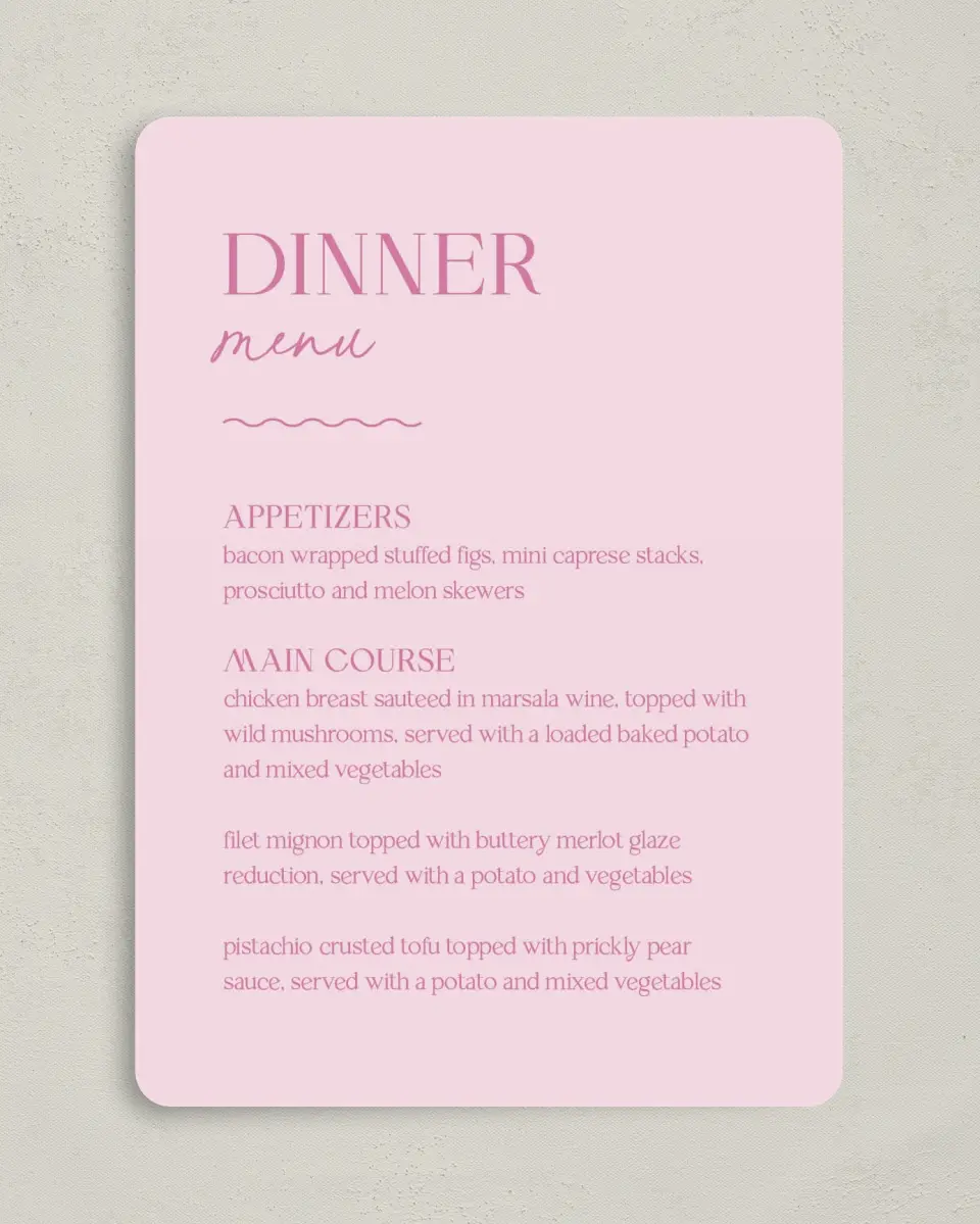 This is a 5" x 7" Wedding Menu Card called The Taylor printed in full color on Premium Smooth paper