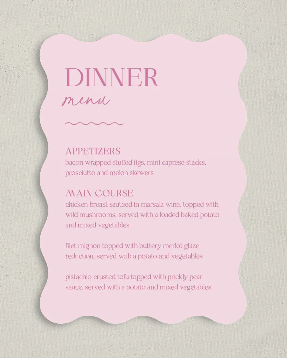 This is a 5" x 7" Wedding Menu Card called The Taylor printed in full color on Premium Smooth paper