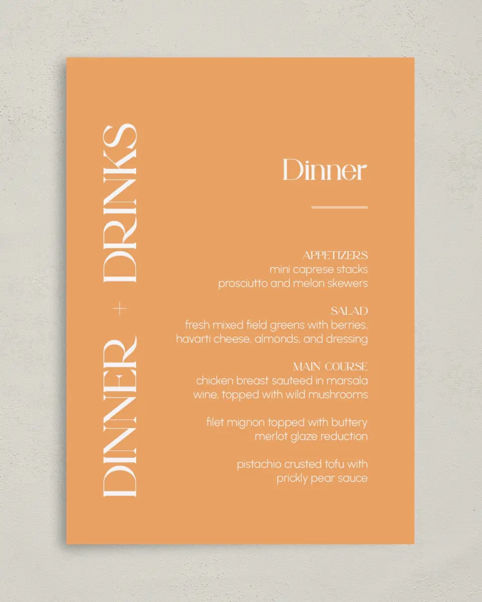 This is a 5" x 7" Wedding Menu Card called The Leah printed in full color on Premium Smooth paper