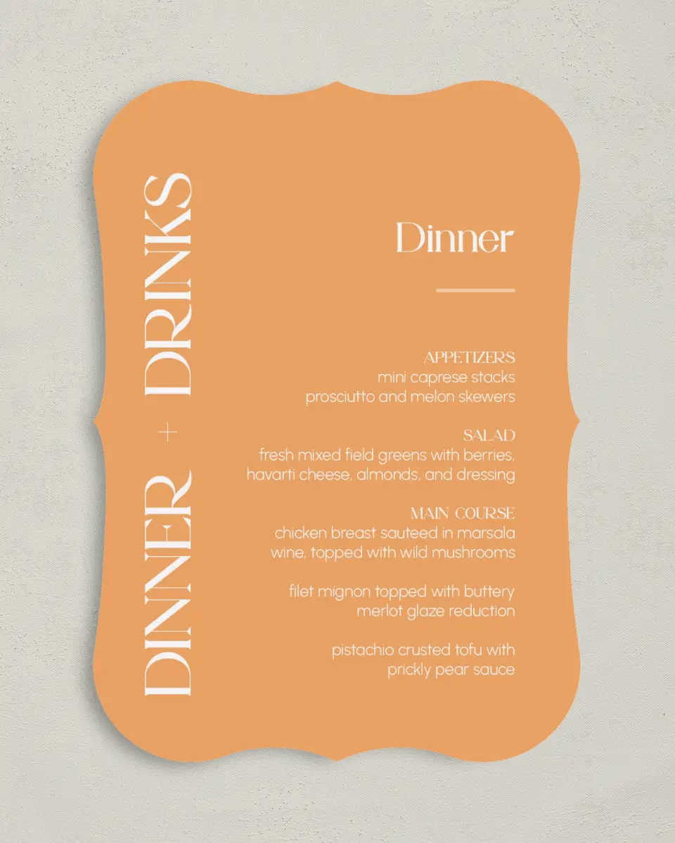 This is a 5" x 7" Wedding Menu Card called The Leah printed in full color with Silver foil on Luxe Satin (coated) paper