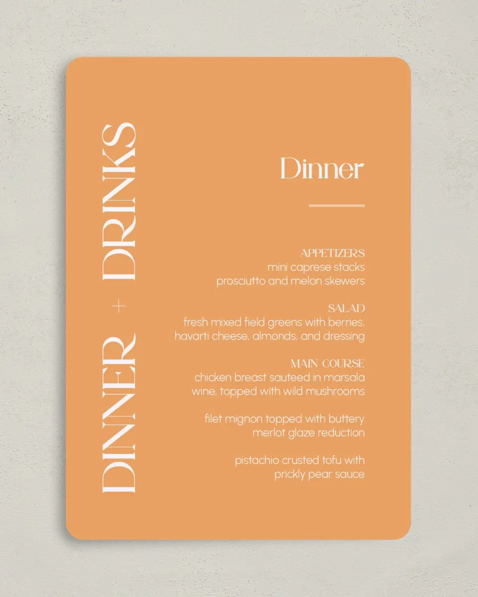 This is a 5" x 7" Wedding Menu Card called The Leah printed in full color on Premium Smooth paper
