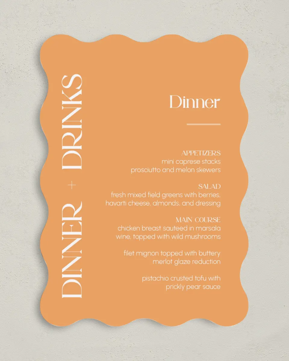 This is a 5" x 7" Wedding Menu Card called The Leah printed in full color on Premium Smooth paper