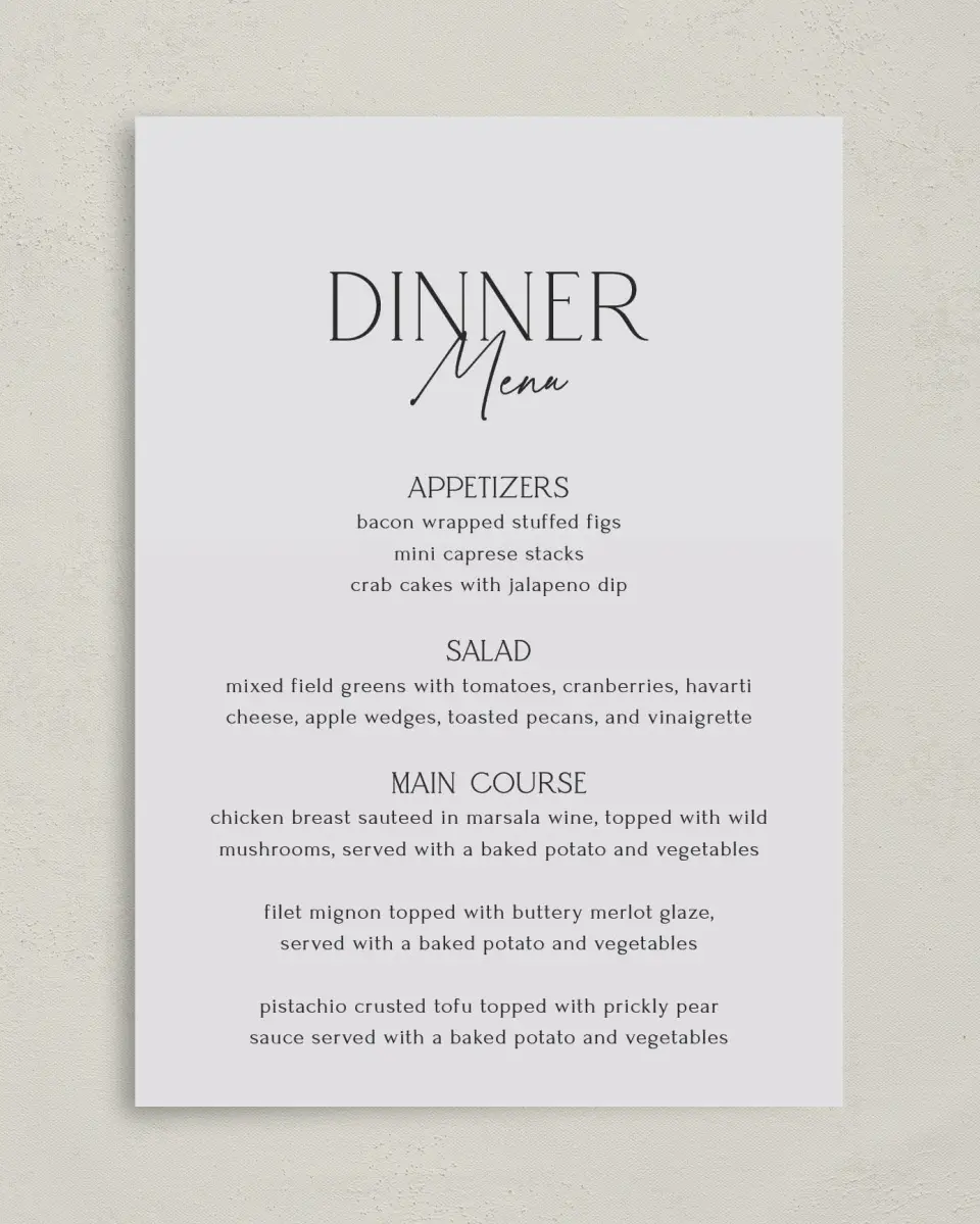 This is a 5" x 7" Wedding Menu Card called The Caroline printed in full color on Premium Smooth paper