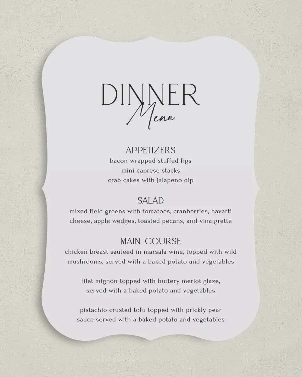 This is a 5" x 7" Wedding Menu Card called The Caroline printed in full color on Premium Smooth paper