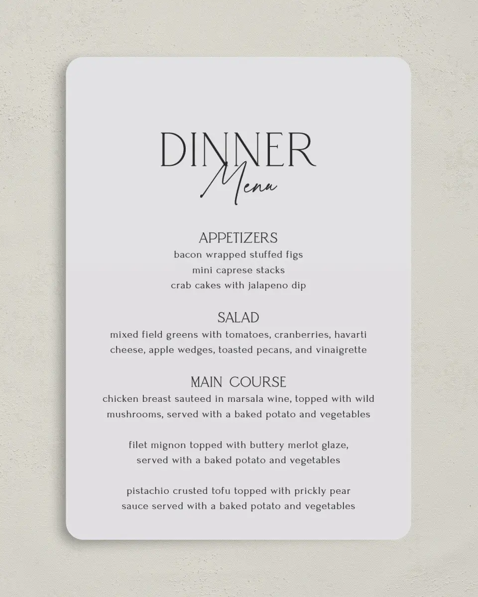 This is a 5" x 7" Wedding Menu Card called The Caroline printed in full color on Premium Smooth paper