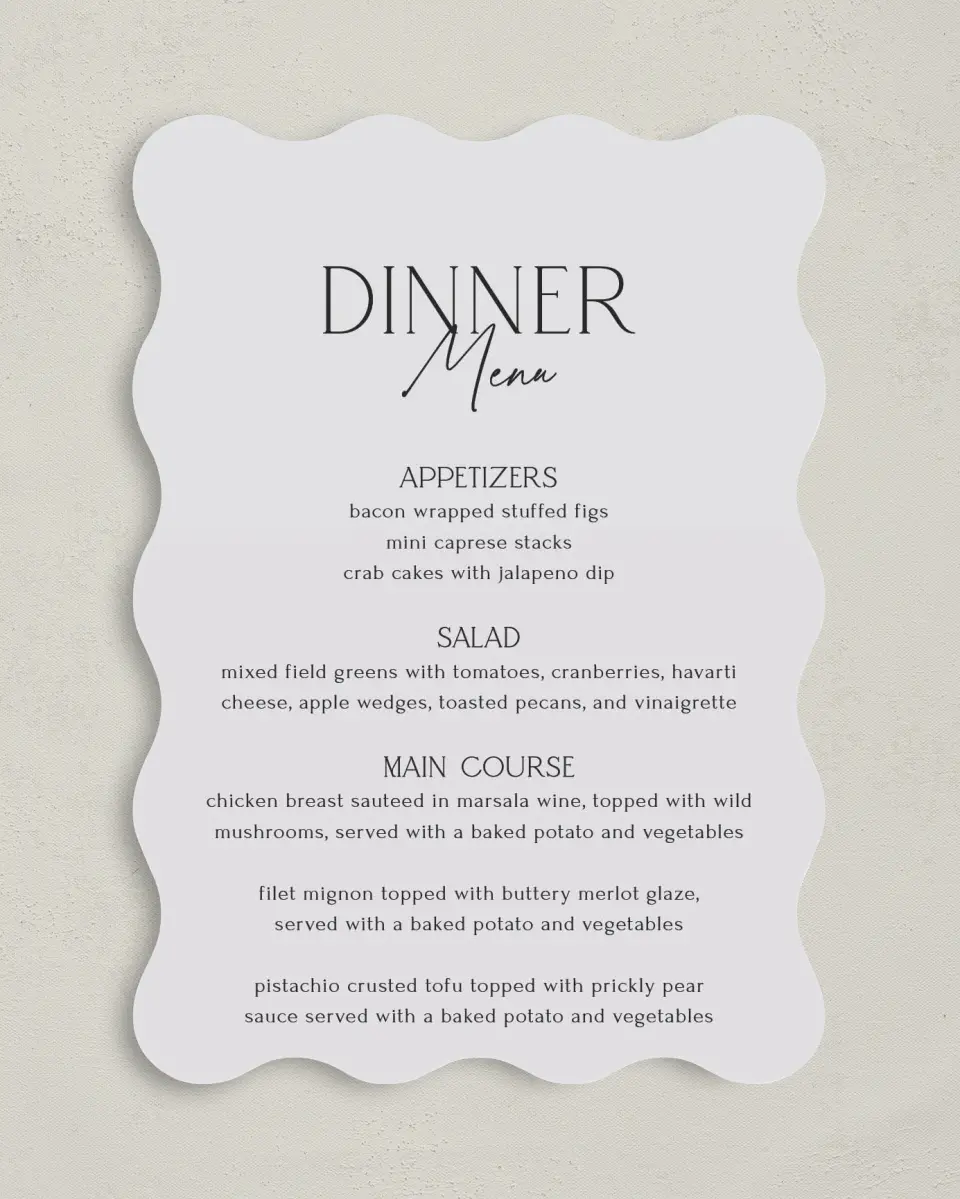 This is a 5" x 7" Wedding Menu Card called The Caroline printed in full color on Premium Smooth paper