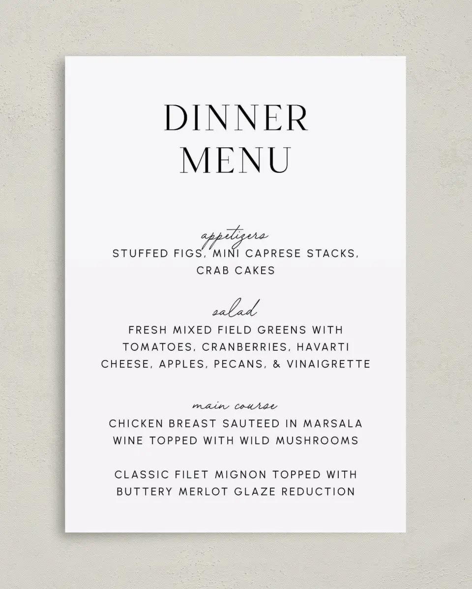 This is a 5" x 7" Wedding Menu Card called The Isabella printed in full color on Premium Smooth paper