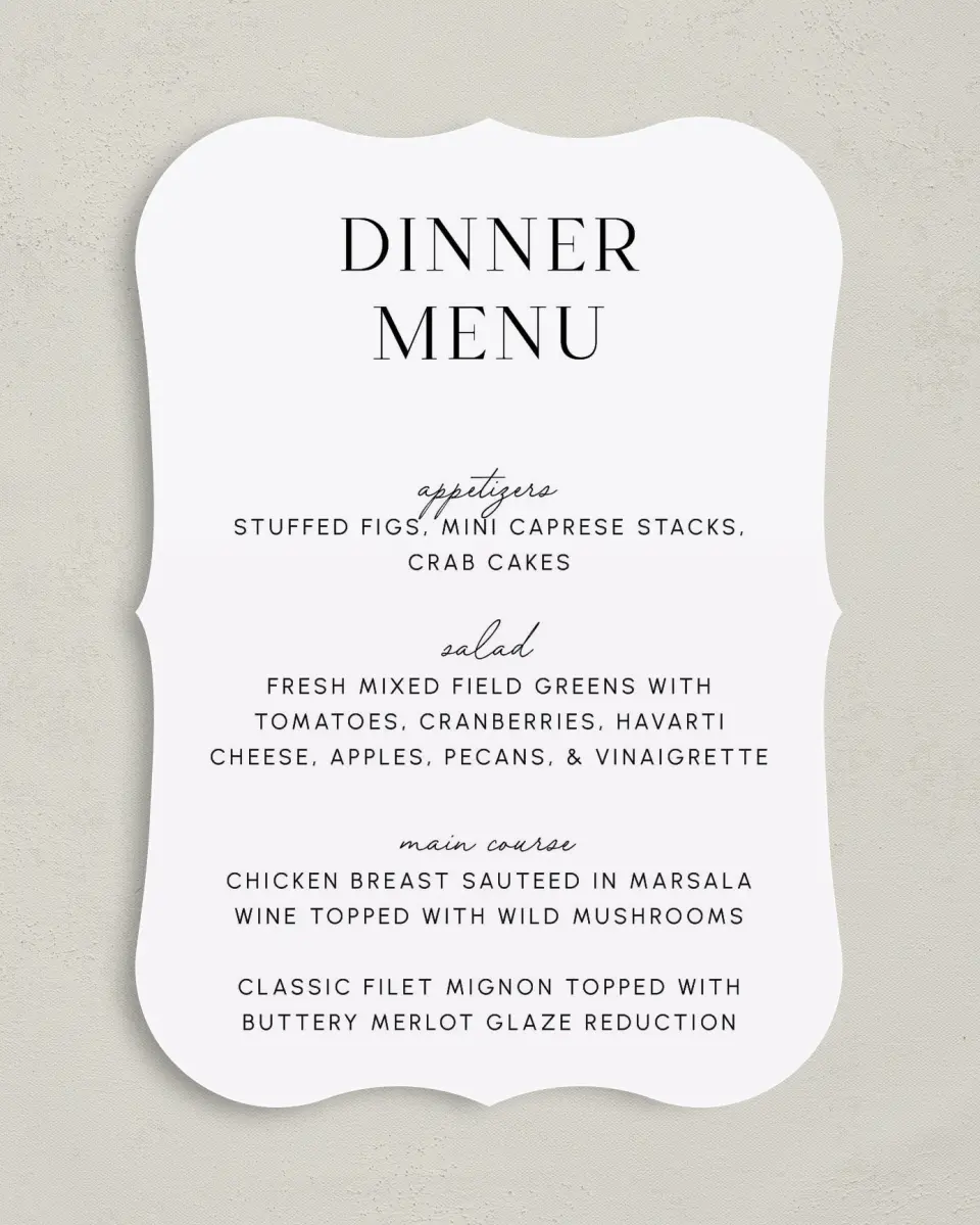 This is a 5" x 7" Wedding Menu Card called The Isabella printed in full color with Silver foil on Luxe Satin (coated) paper