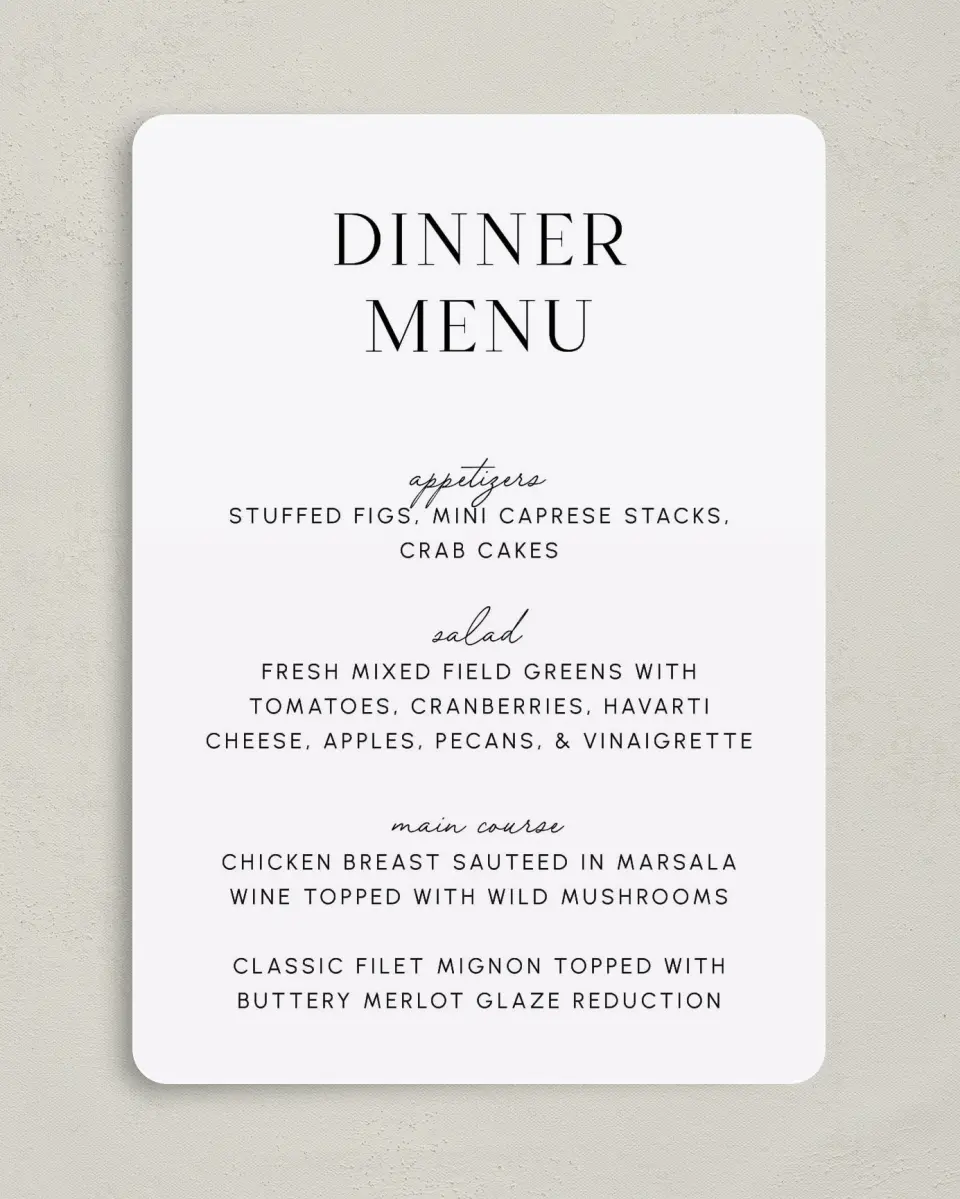 This is a 5" x 7" Wedding Menu Card called The Isabella printed in full color on Premium Smooth paper