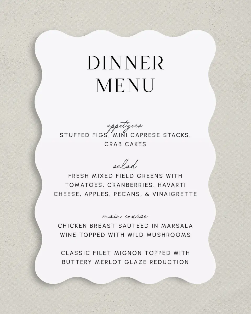 This is a 5" x 7" Wedding Menu Card called The Isabella printed in full color on Premium Smooth paper