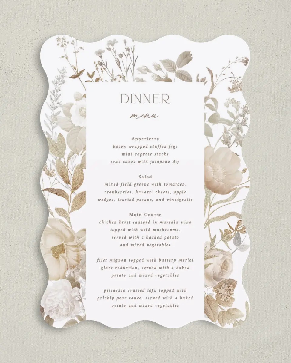 This is a 5" x 7" Wedding Menu Card called The Everly printed in full color on Premium Smooth paper