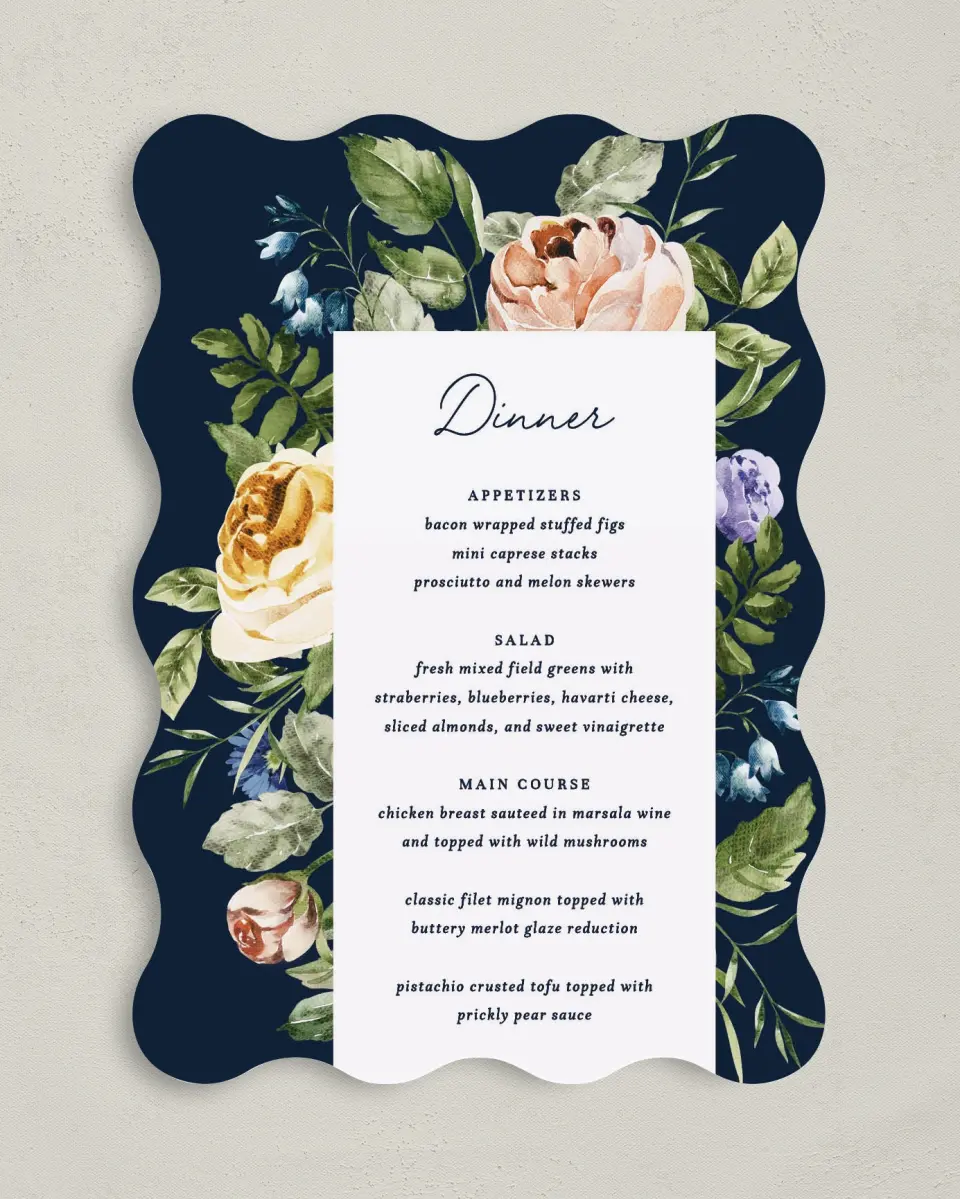 This is a 5" x 7" Wedding Menu Card called The Natalie printed in full color on Premium Smooth paper