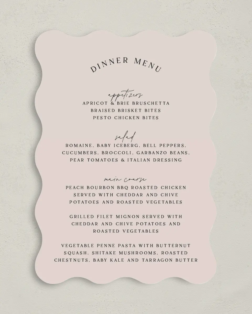 This is a 5" x 7" Wedding Menu Card called The Samantha printed in full color on Premium Smooth paper