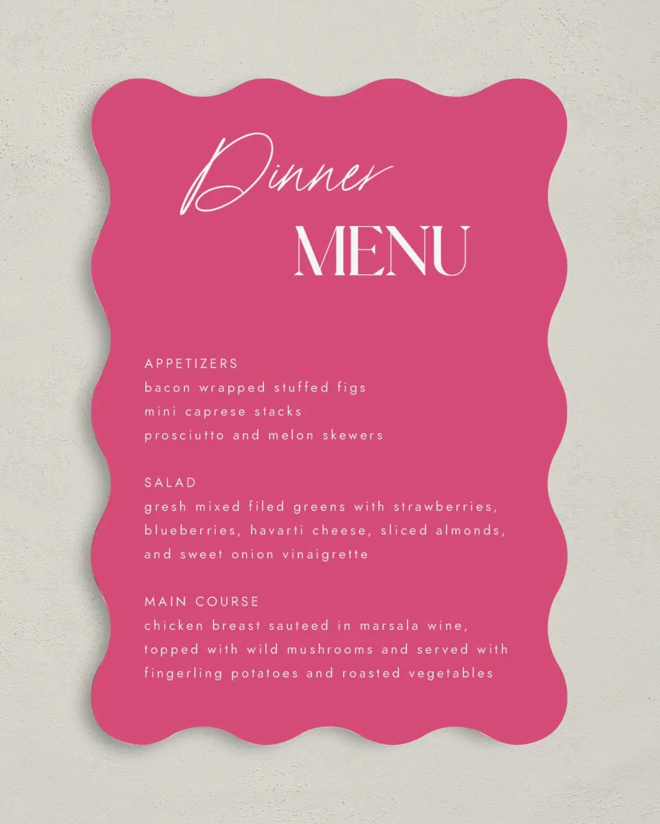 This is a 5" x 7" Wedding Menu Card called The Andrea printed in full color on Premium Smooth paper