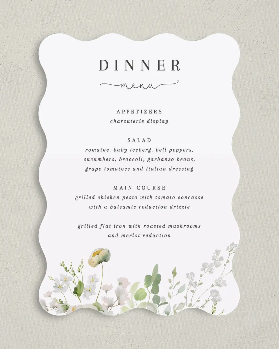 This is a 5" x 7" Wedding Menu Card called The Zoey printed in full color on Premium Smooth paper