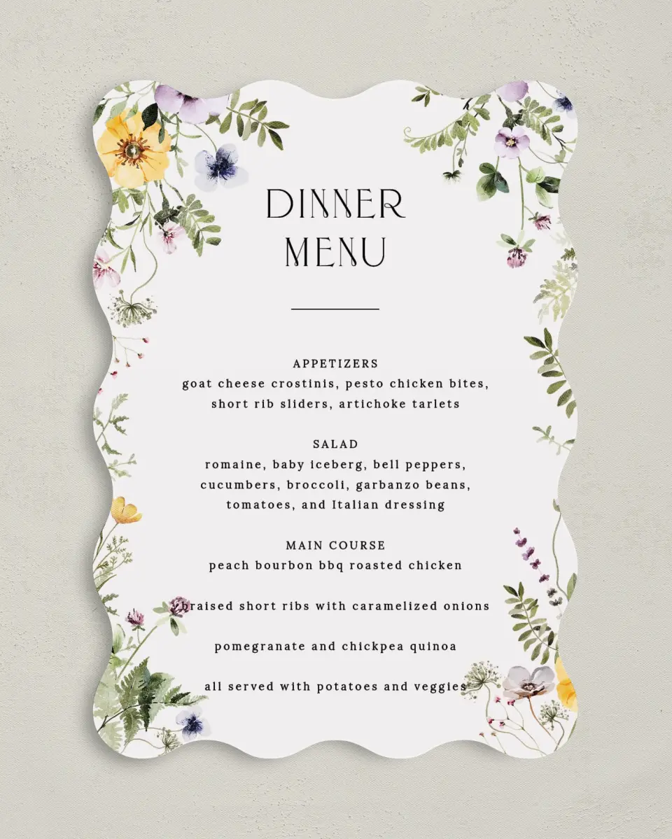 This is a 5" x 7" Wedding Menu Card called The Ruby printed in full color on Premium Smooth paper
