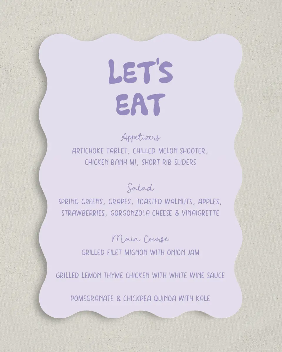 This is a 5" x 7" Wedding Menu Card called The Karly printed in full color on Premium Smooth paper