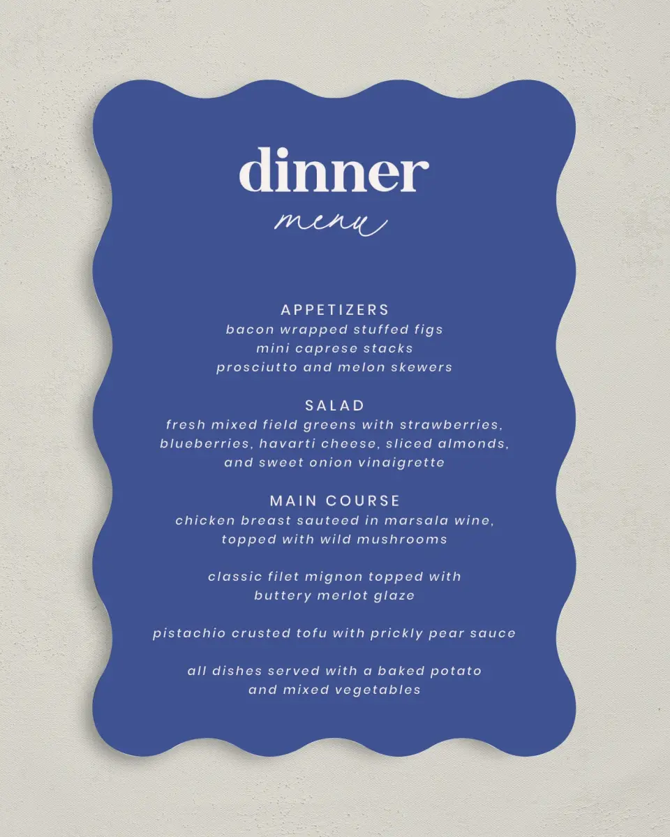 This is a 5" x 7" Wedding Menu Card called The Kassidy printed in full color on Premium Smooth paper