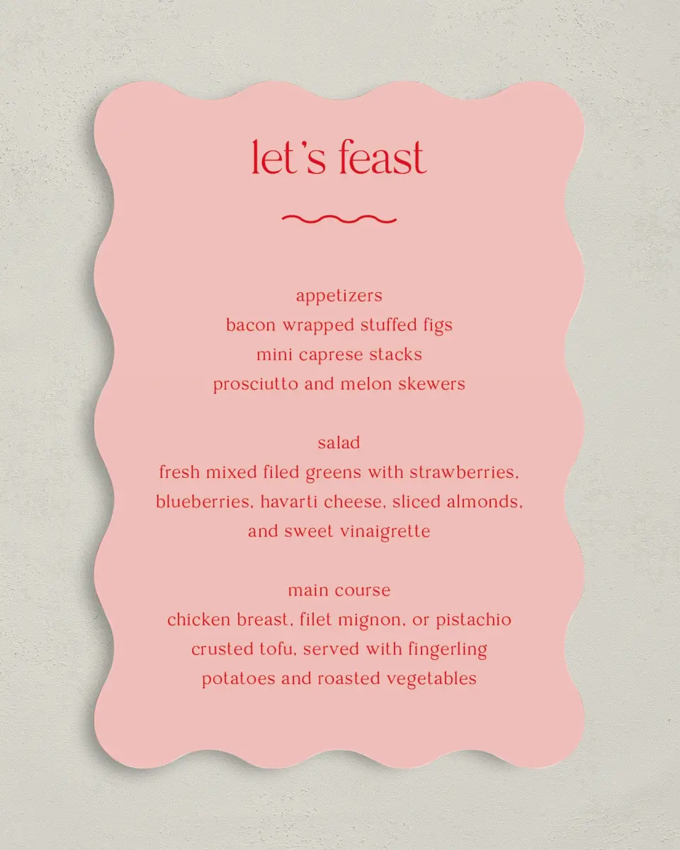 This is a 5" x 7" Wedding Menu Card called The Delaney printed in full color on Premium Smooth paper