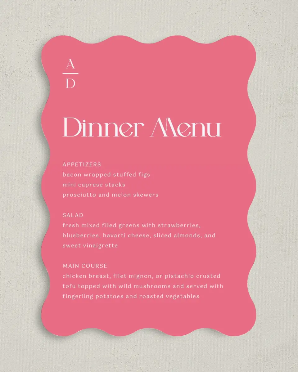 This is a 5" x 7" Wedding Menu Card called The Abigail printed in full color on Premium Smooth paper