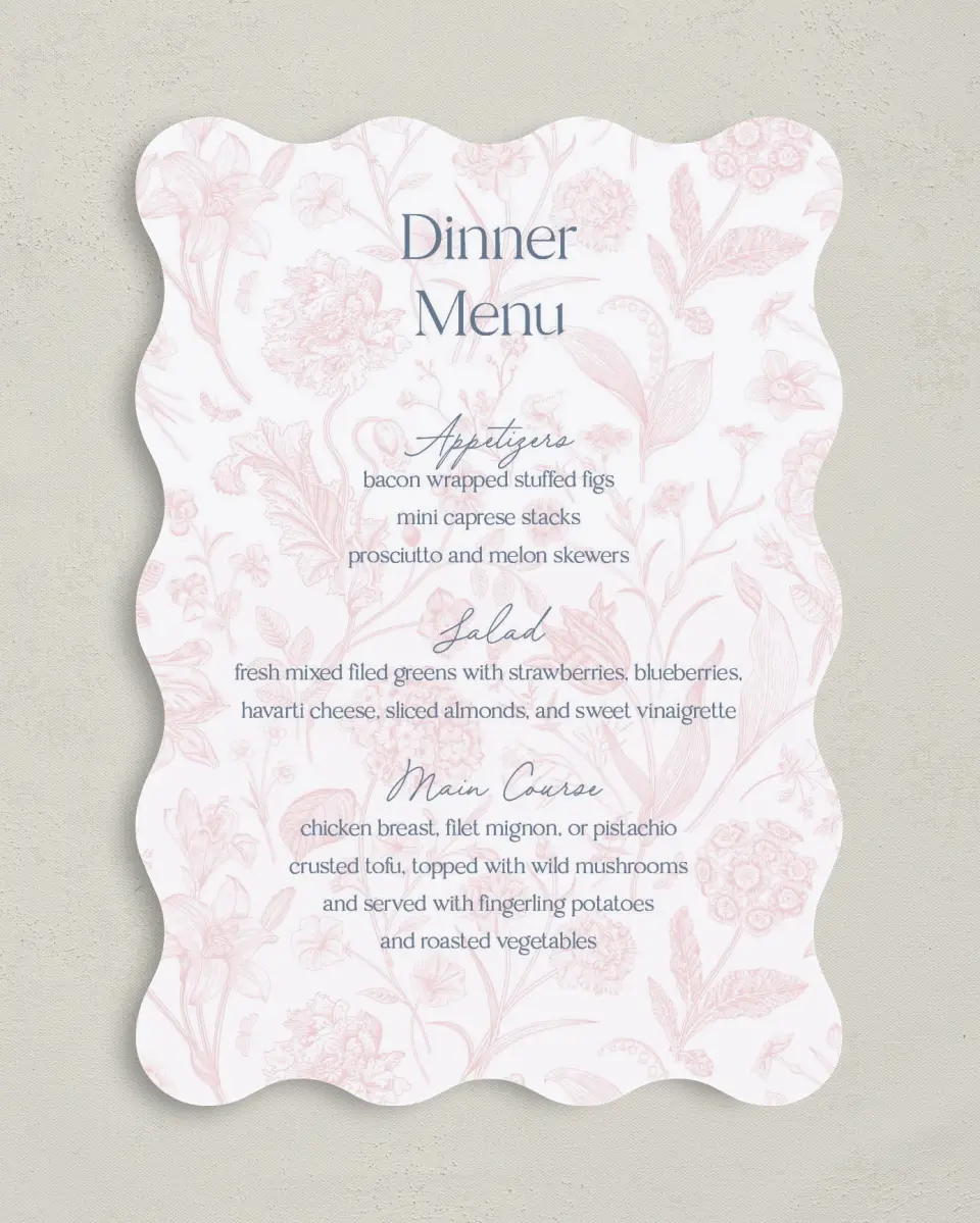 This is a 5" x 7" Wedding Menu Card called The Gabriella printed in full color on Premium Smooth paper