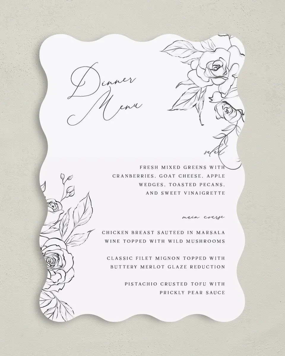 This is a 5" x 7" Wedding Menu Card called The Anabelle printed in full color on Premium Smooth paper