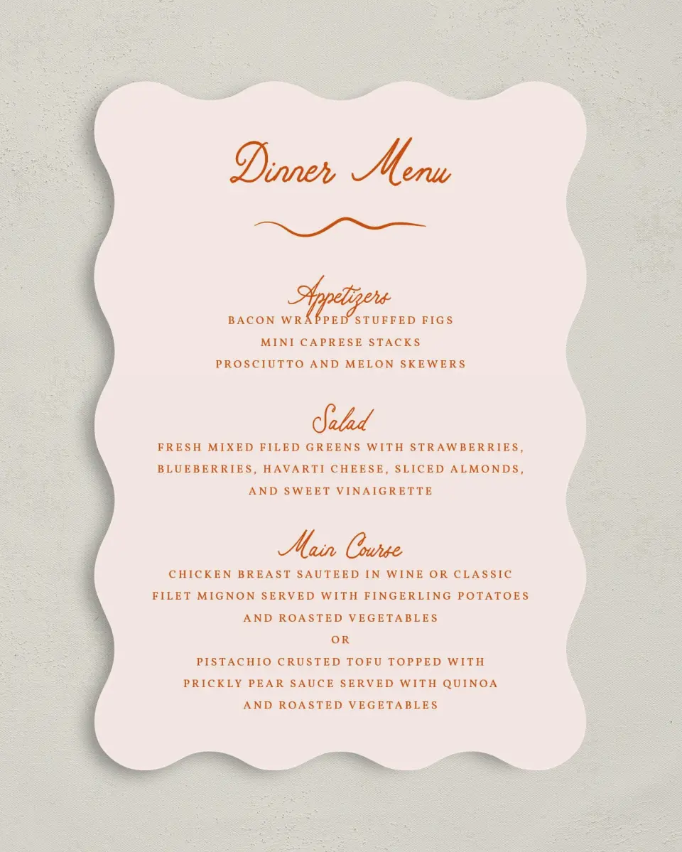 This is a 5" x 7" Wedding Menu Card called The Kennedy printed in full color on Premium Smooth paper