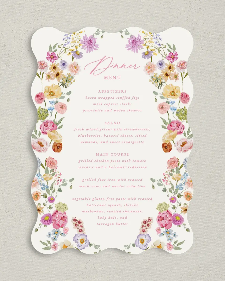 This is a 5" x 7" Wedding Menu Card called The Florence printed in full color with Silver foil on Luxe Satin paper
