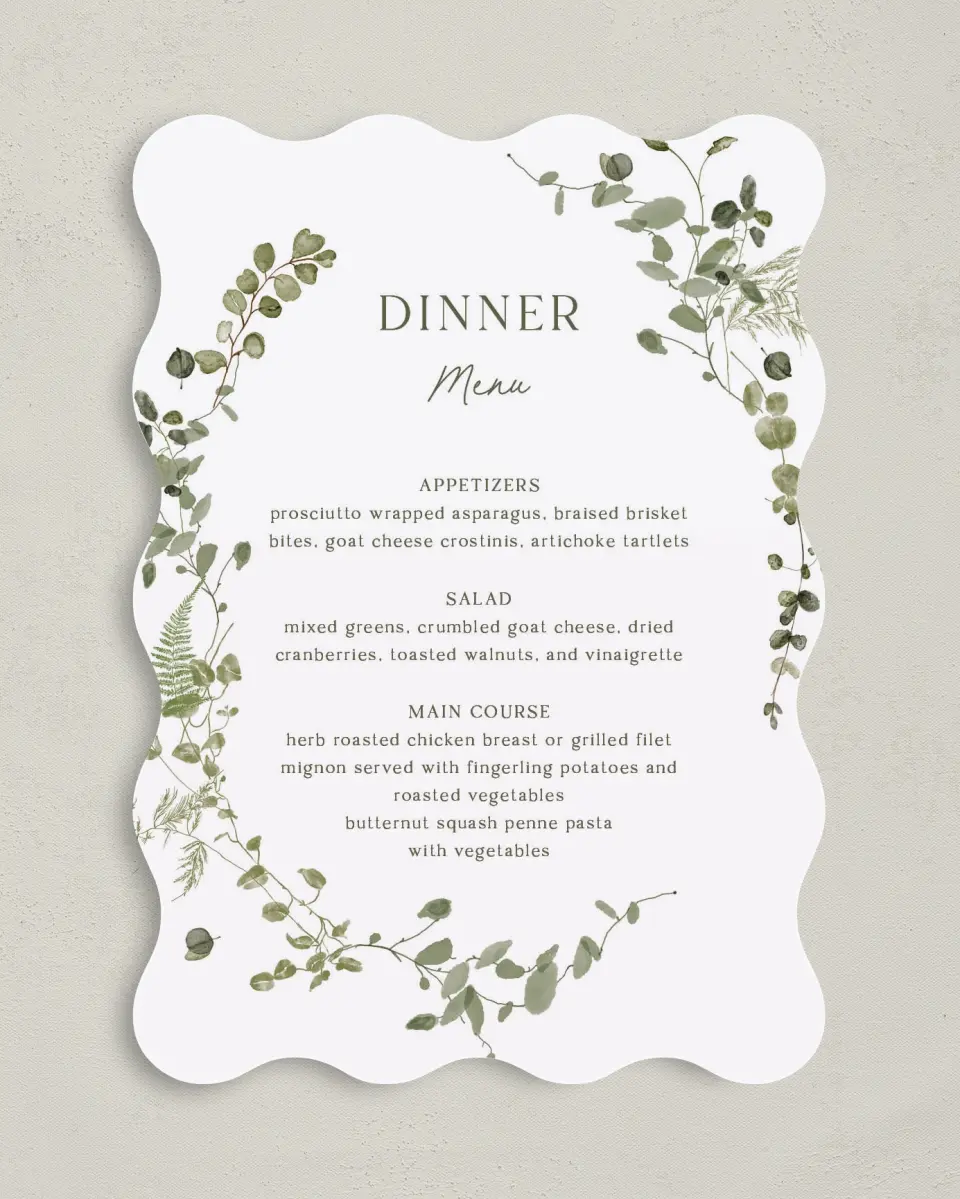 This is a 5" x 7" Wedding Menu Card called The Hailey printed in full color on Premium Smooth paper
