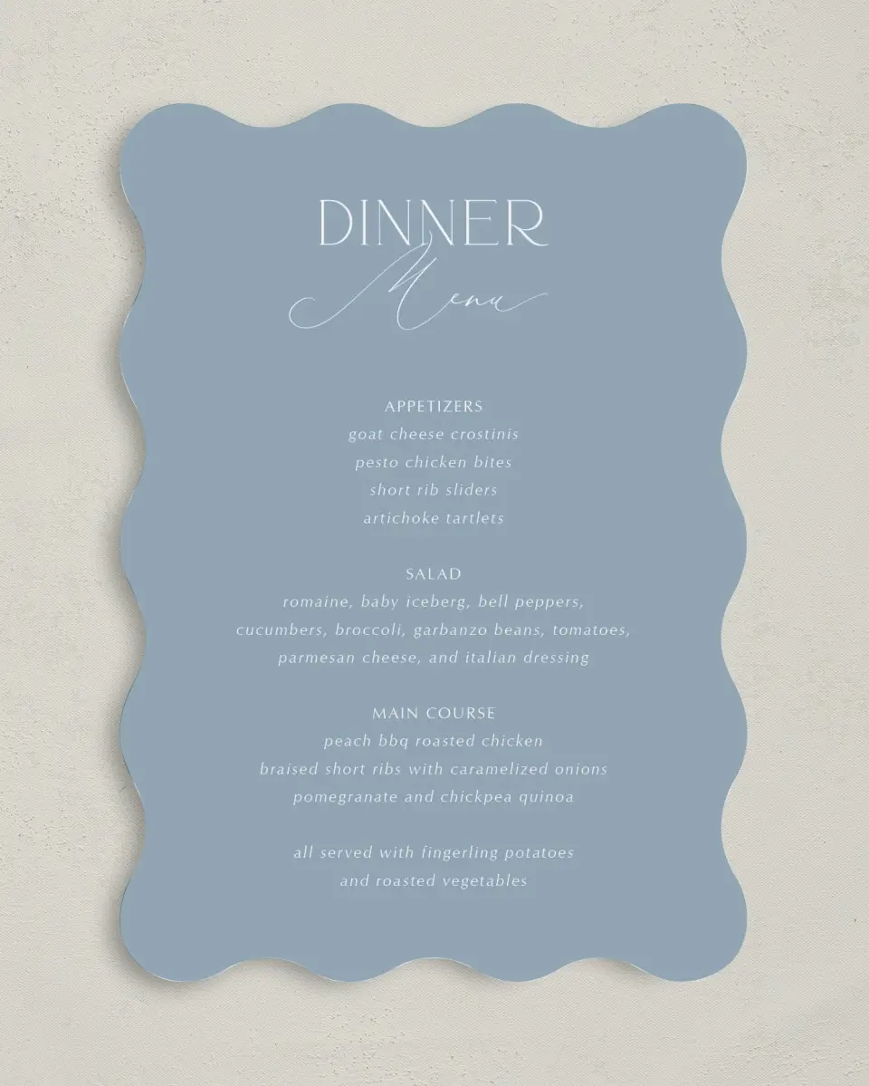 This is a 5" x 7" Wedding Menu Card called The Victoria printed in full color with Silver foil on Luxe Satin paper