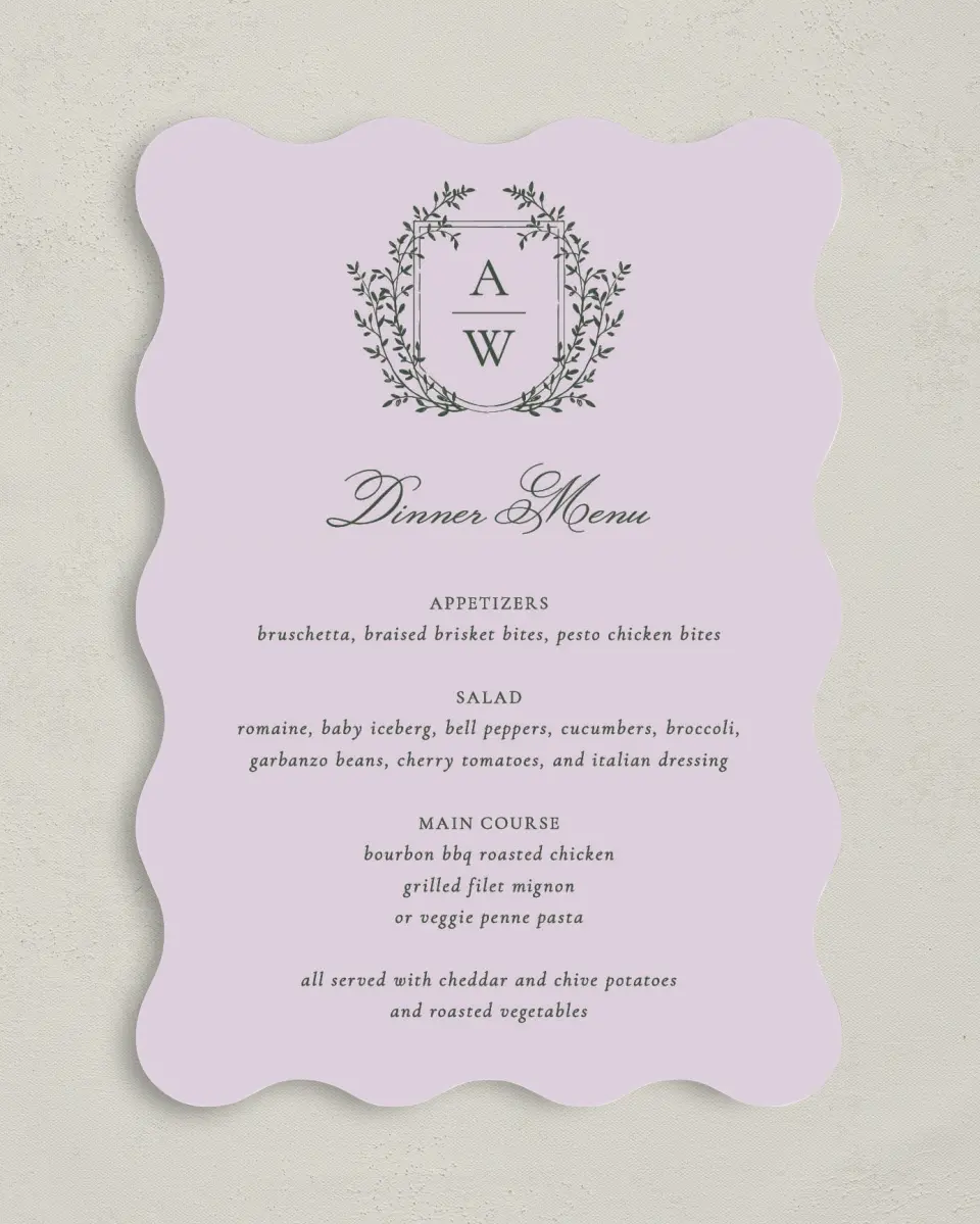 This is a 5" x 7" Wedding Menu Card called The Adaline printed in full color on Premium Smooth paper