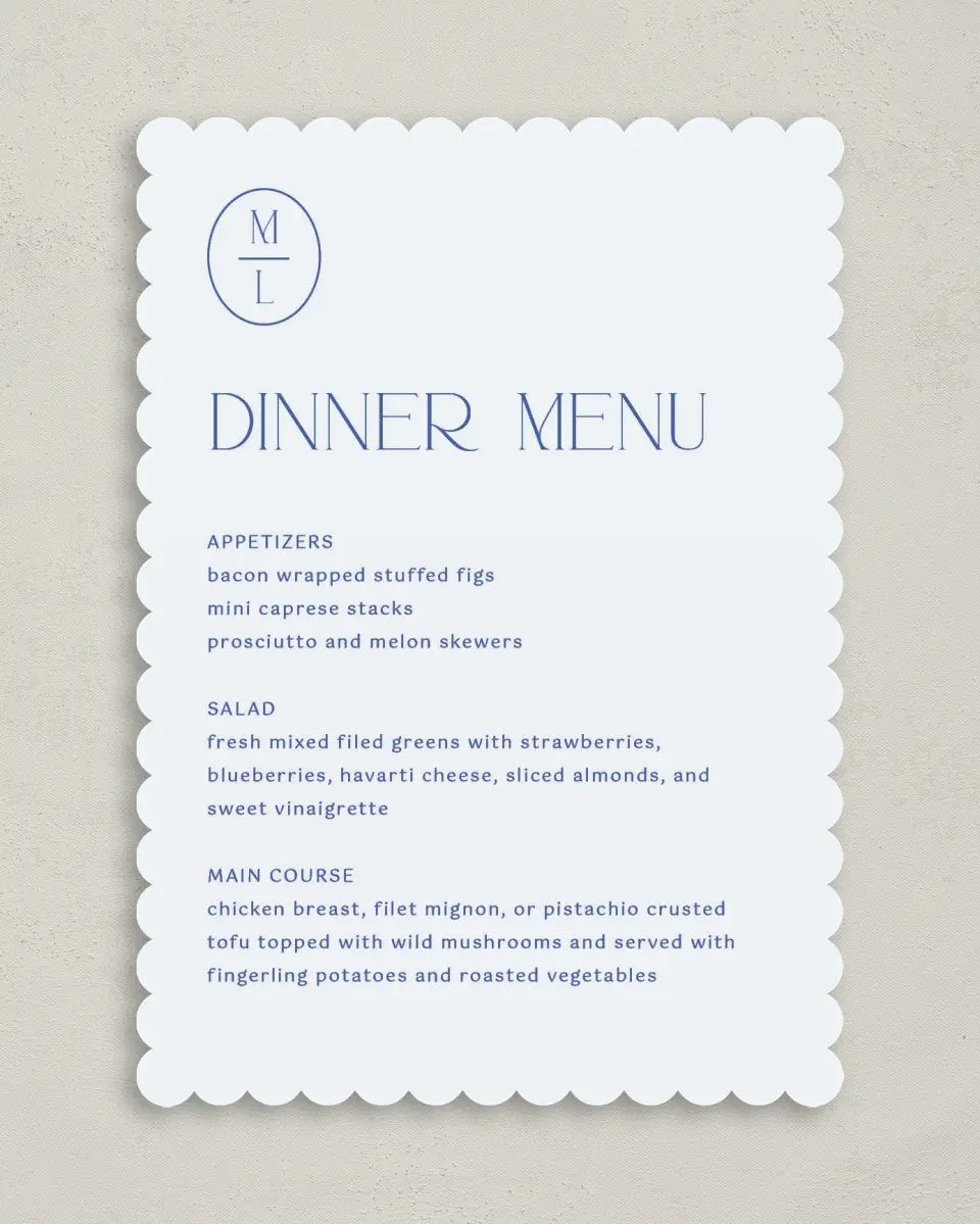 This is a 5" x 7" Wedding Menu Card called The Mila printed in full color on Premium Smooth paper