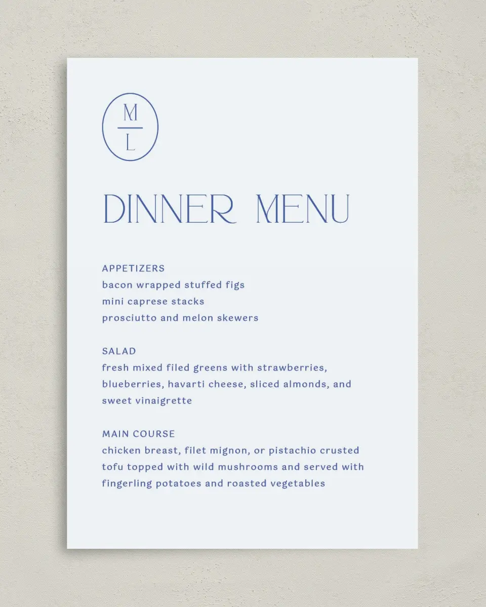 This is a 5" x 7" Wedding Menu Card called The Mila printed in full color on Premium Smooth paper