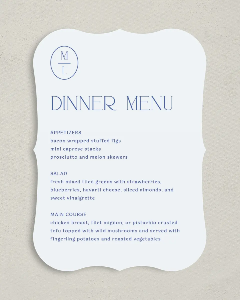 This is a 5" x 7" Wedding Menu Card called The Mila printed in full color with Silver foil on Luxe Satin (coated) paper