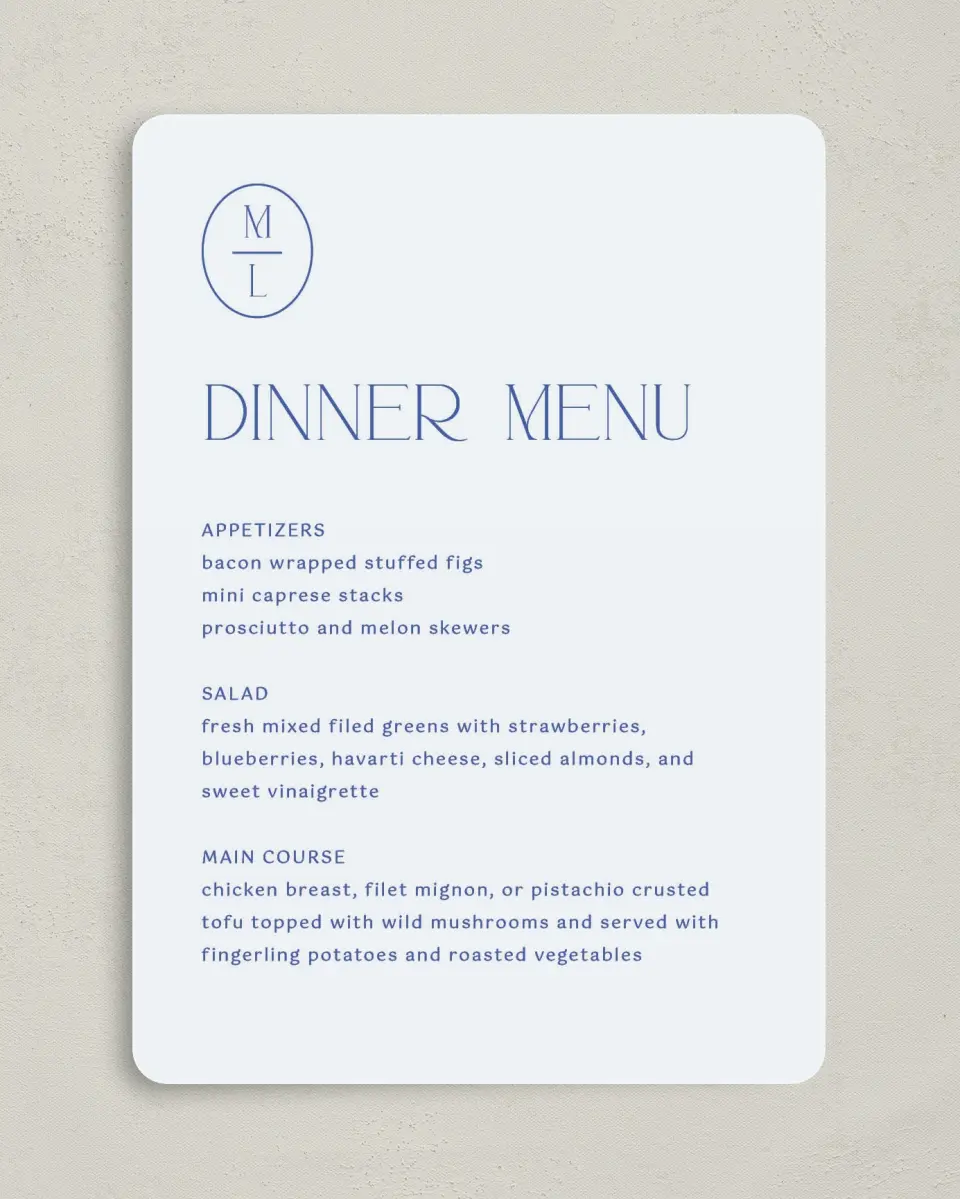 This is a 5" x 7" Wedding Menu Card called The Mila printed in full color on Premium Smooth paper