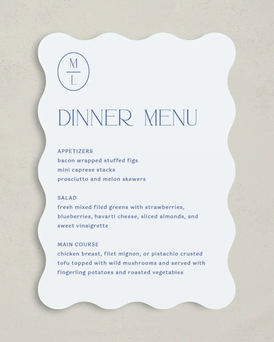 This is a 5" x 7" Wedding Menu Card called The Mila printed in full color on Premium Smooth paper