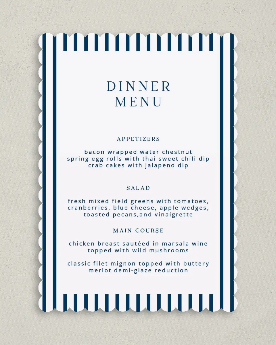 This is a 5" x 7" Wedding Menu Card called The Addison printed in full color on Premium Smooth paper
