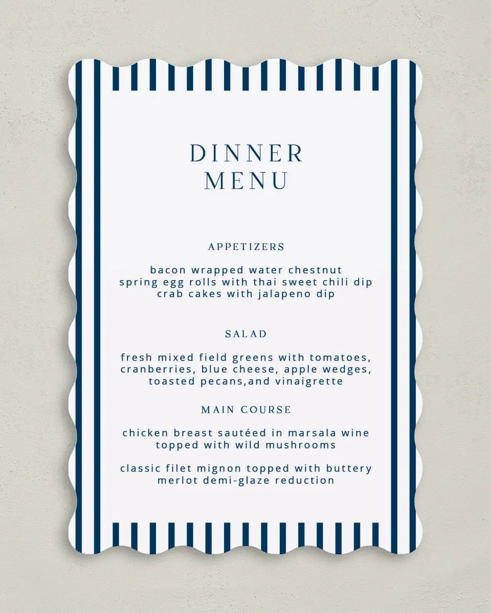 This is a 5" x 7" Wedding Menu Card called The Addison printed in full color on Premium Smooth paper