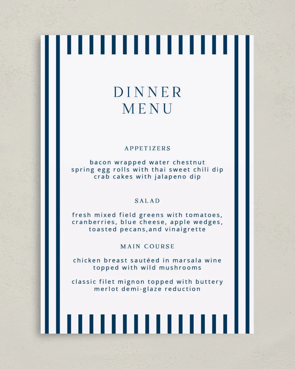 This is a 5" x 7" Wedding Menu Card called The Addison printed in full color on Premium Smooth paper
