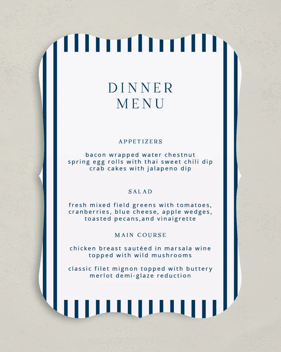 This is a 5" x 7" Wedding Menu Card called The Addison printed in full color with Silver foil on Luxe Satin (coated) paper