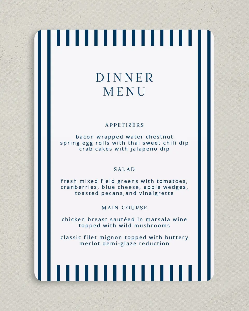 This is a 5" x 7" Wedding Menu Card called The Addison printed in full color on Premium Smooth paper